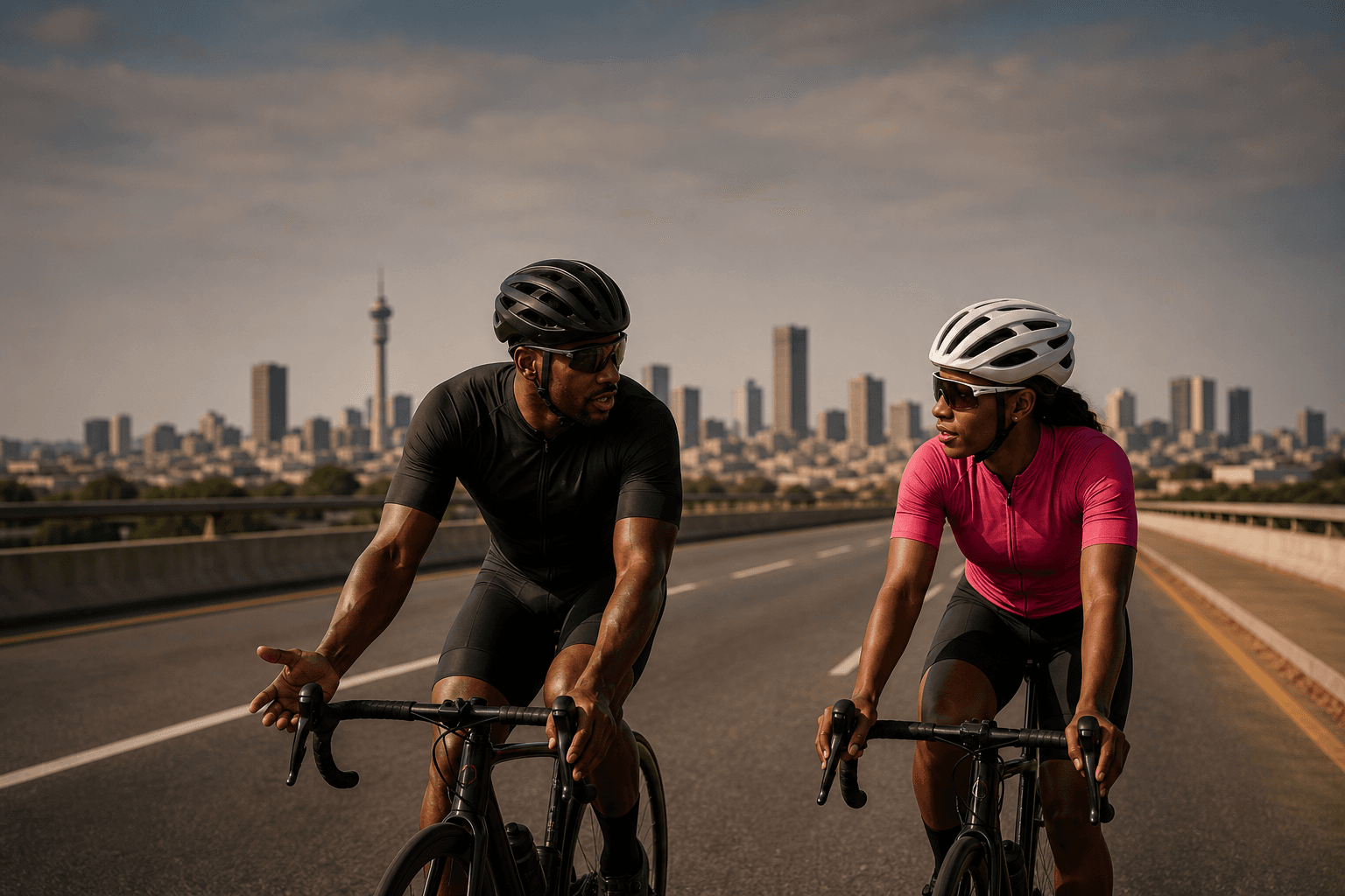 A SpinTribe cycling coach riding alongside a client in Johannesburg
